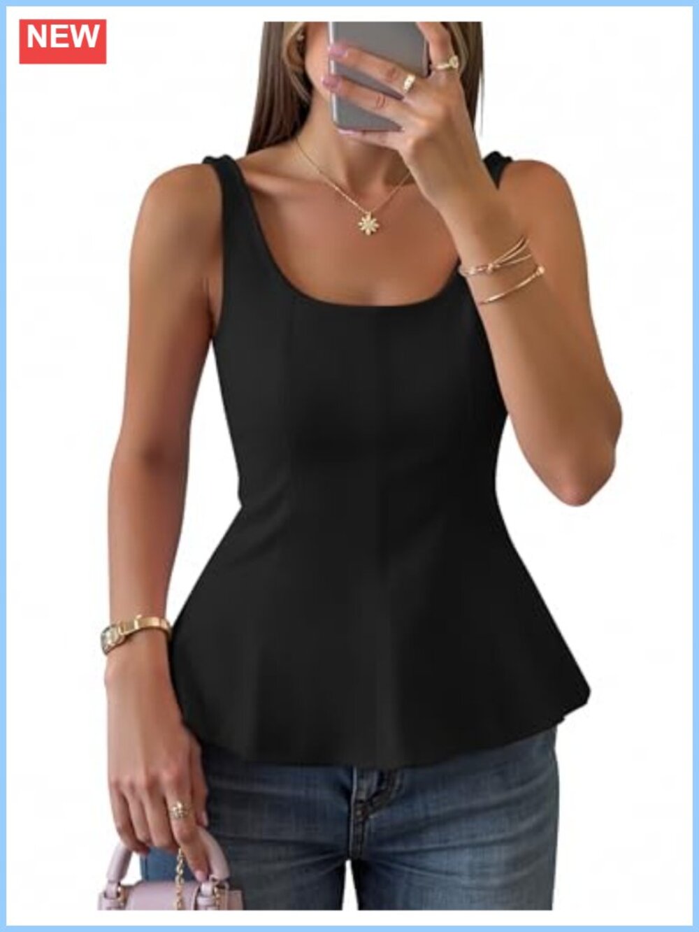 Trendy Sleeveless Square Neck Ruffle Peplum Tank Top Flowy Summer
